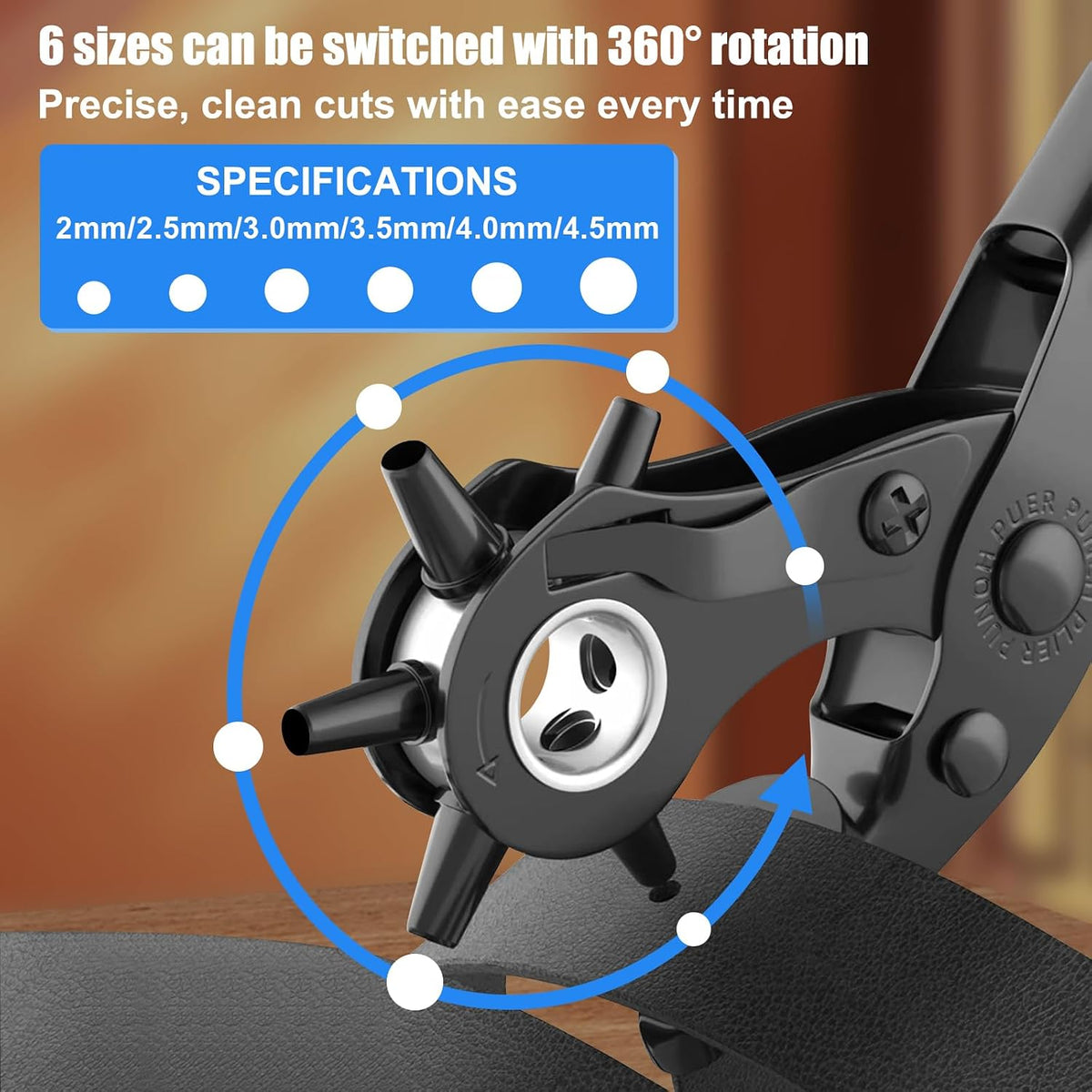 Diyife Belt Hole Puncher for Leather, 6 Sizes, Effortless Dual-Lever Design
