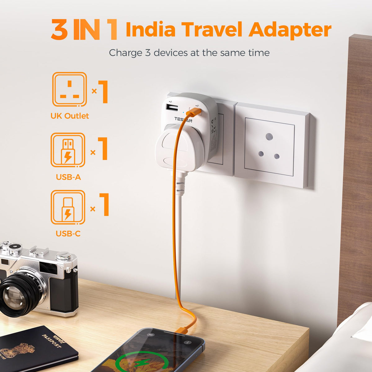 TESSAN UK to Australia Plug Adapter, Type I AU NZ Travel Adapter with USB C