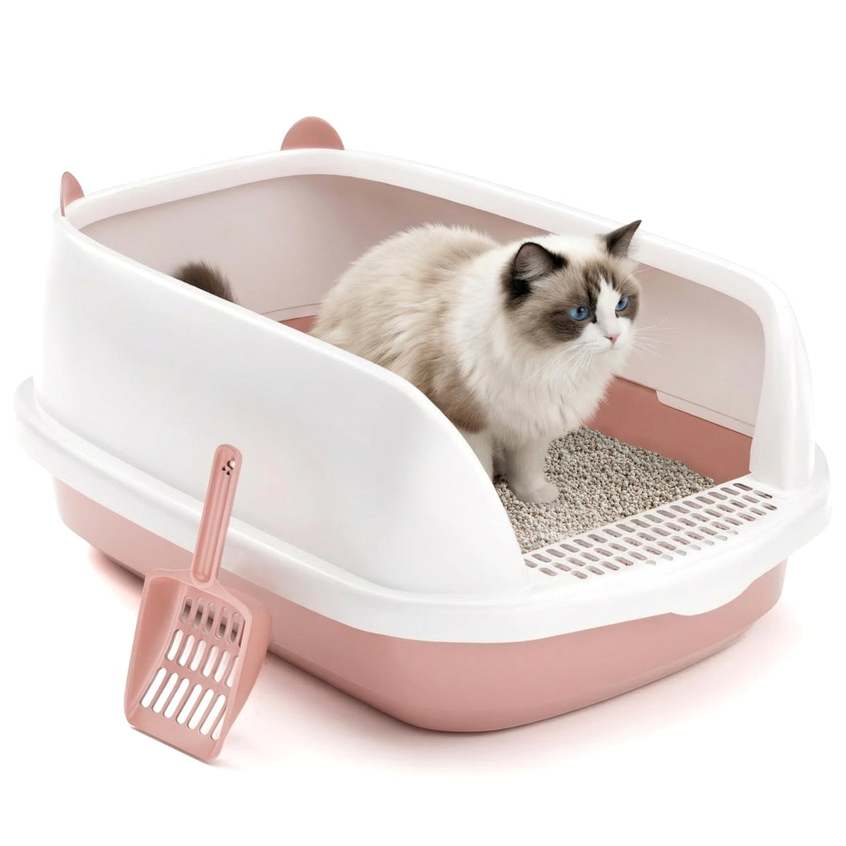 Cat Litter Tray Box, Litter Box, Plastic Cat Open Top Litter Tray with Free Scoop Kitten Detachable Rim Easy Cleaning,49 x 38 x 23cm (Grey)