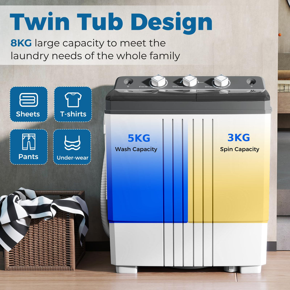 COSTWAY Twin Tub Washing Machine, 8KG (5KG Washer+3KG Dryer)