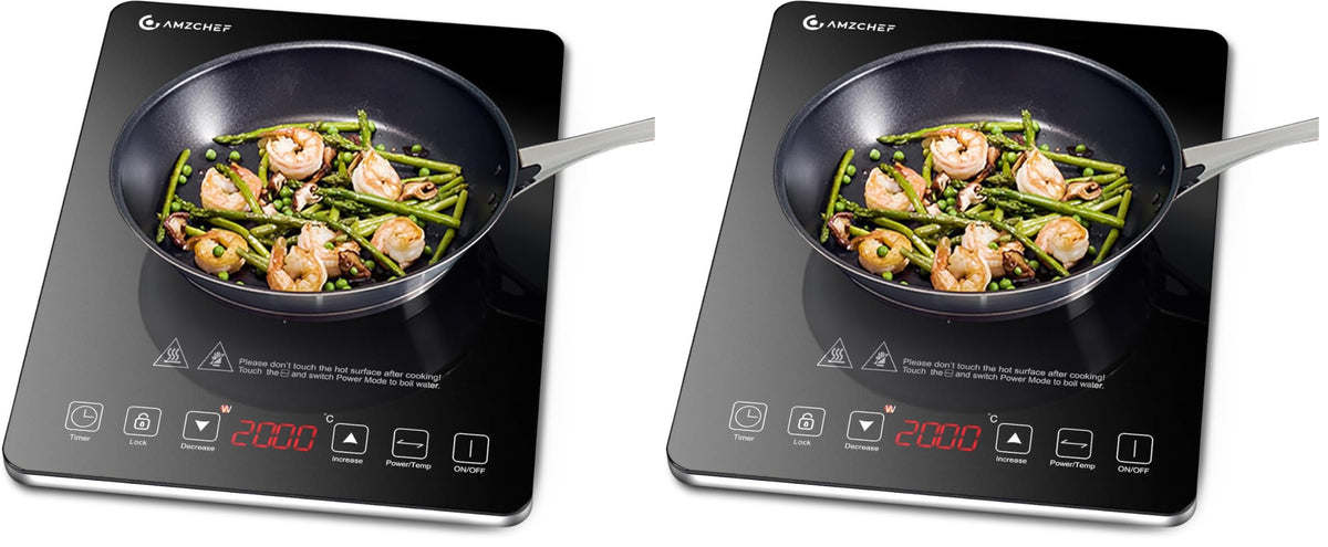 AMZCHEF Single Induction Cooker, Ultra-thin Induction Hob with Fashion Look, 20-level Power and Temperature Control, Black Frosted Glass Panel, Touch Sensor, 3-hour Timer, Safety Lock