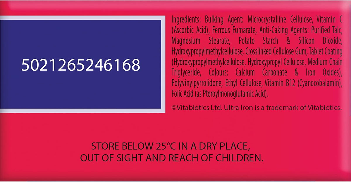 Iron Tablets Supplement, Boosts Energy, Vitality, Power and Immunity and Supports Against Anemia, Tiredness and Fatigue with Added Vitamin C Vitamin B12 and Folic Acid (Vitamin B9), Vitabiotics Ultra