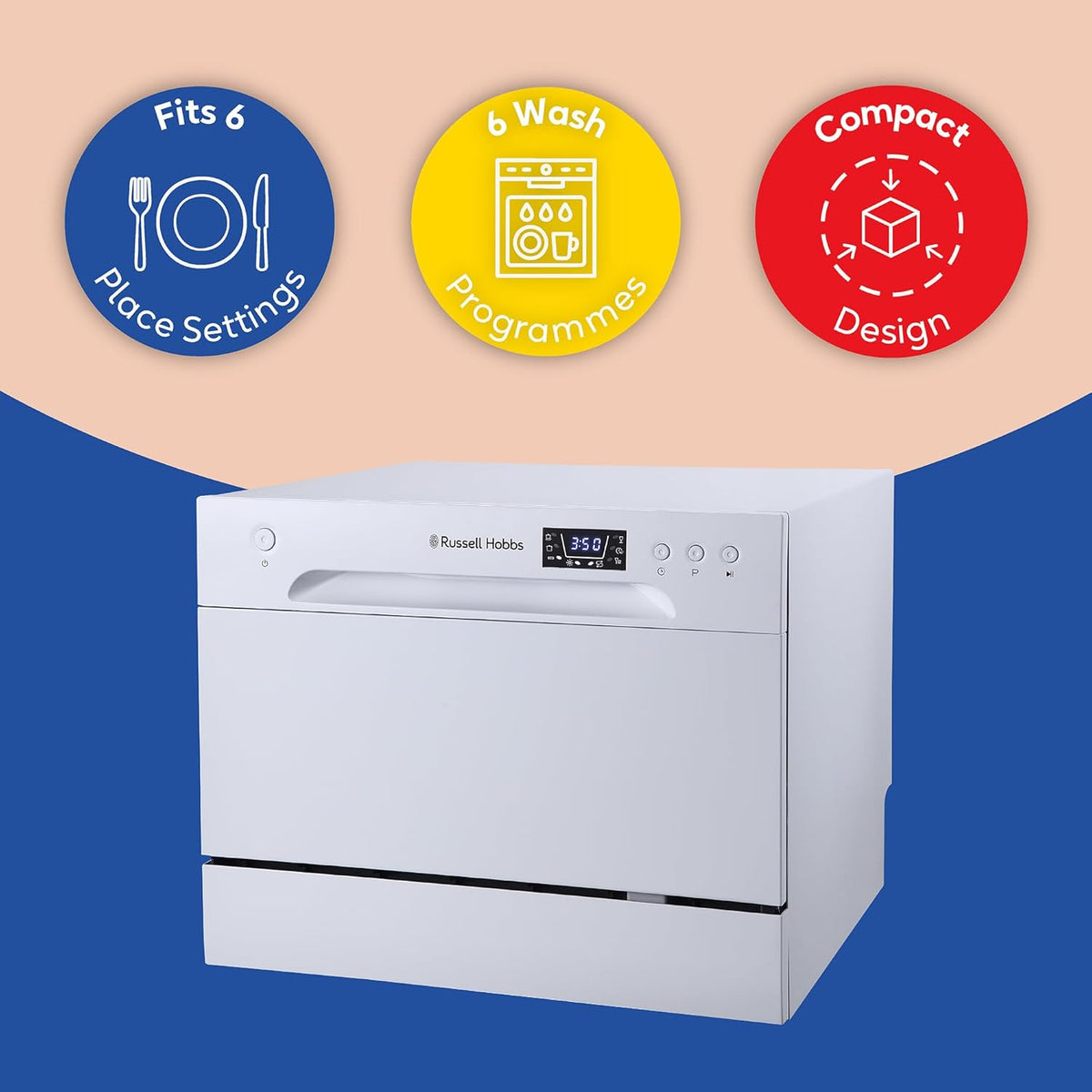 Russell Hobbs Table Top Dishwasher Compact Mini with 6 Place Settings, LED Display, Button Control, 6 Programmes, Portable & Efficient, 24hr Timer, Rinse & Eco Mode in White, RH6TTDW0D1W