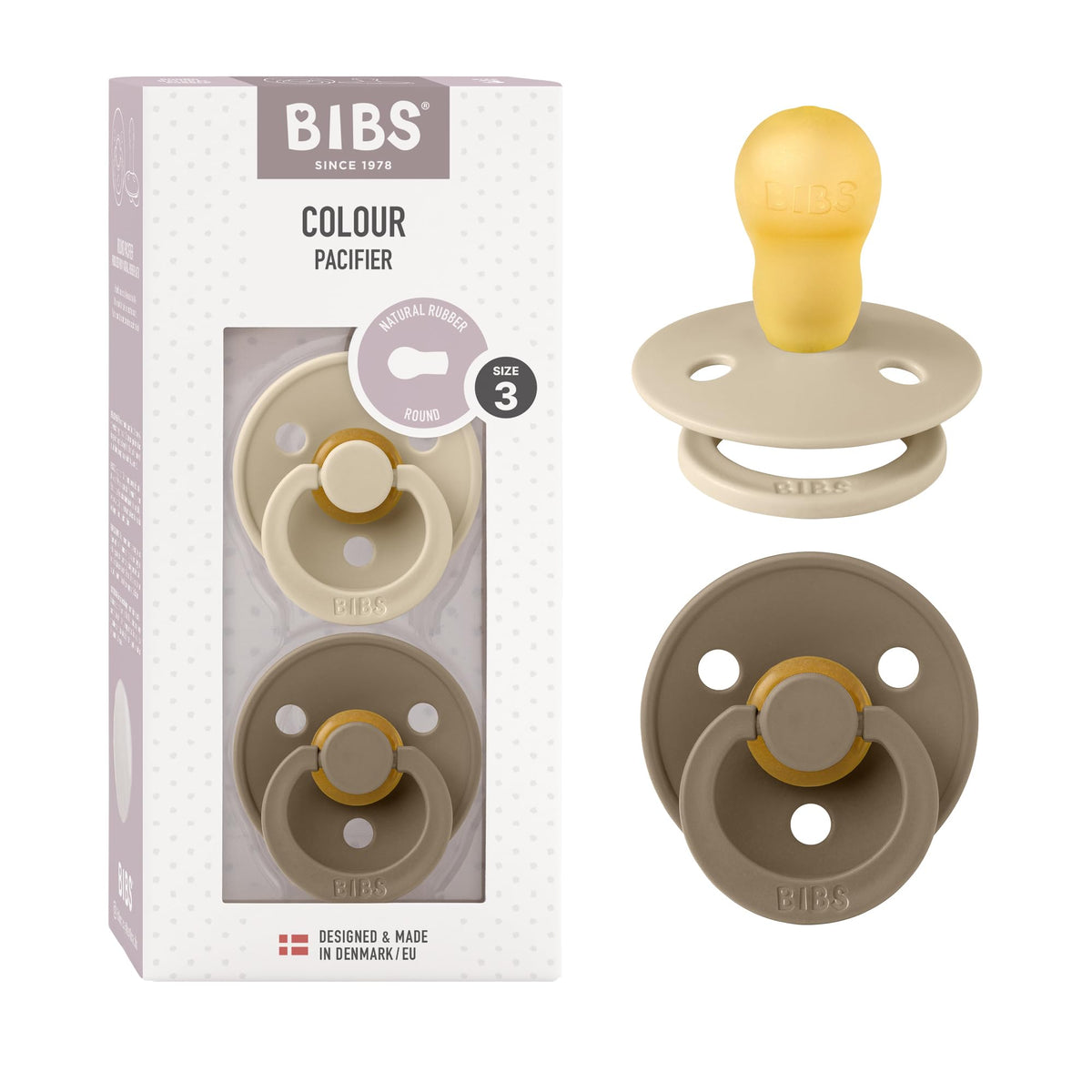 BIBS Colour Soother 2-Pack, BPA Free Dummy Pacifier, Round Nipple. Natural Rubber Latex, Made in Denmark, Size 2 (6-18 Months), Baby Blue