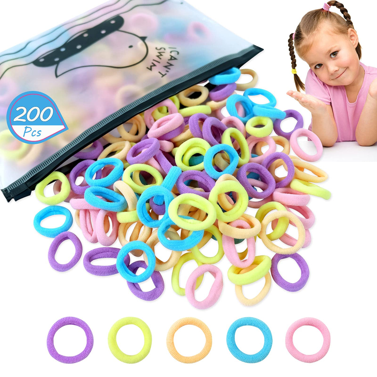 Hanyousheng 200 Pcs Baby Hair Bands, Multicolor Toddler Hair Bobbles, Baby Hair Bobbles, Toddler Hair Bands, Seamless Elastic HairBands, BabyHair Ties, for BabyGirls Kids Toddlers