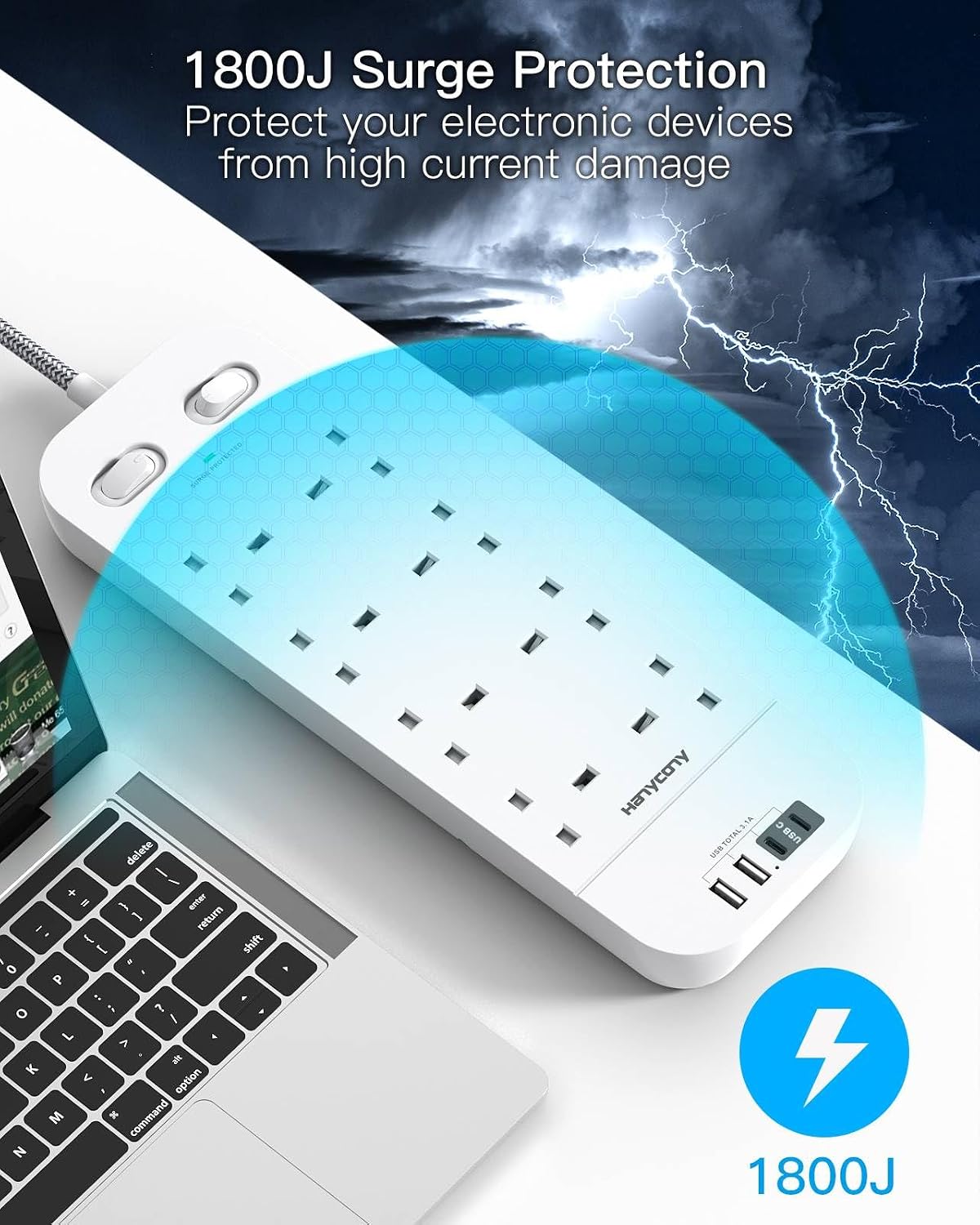 Extension Lead with 2 USB C Slots, 8 Way Power Strip Surge Protector
