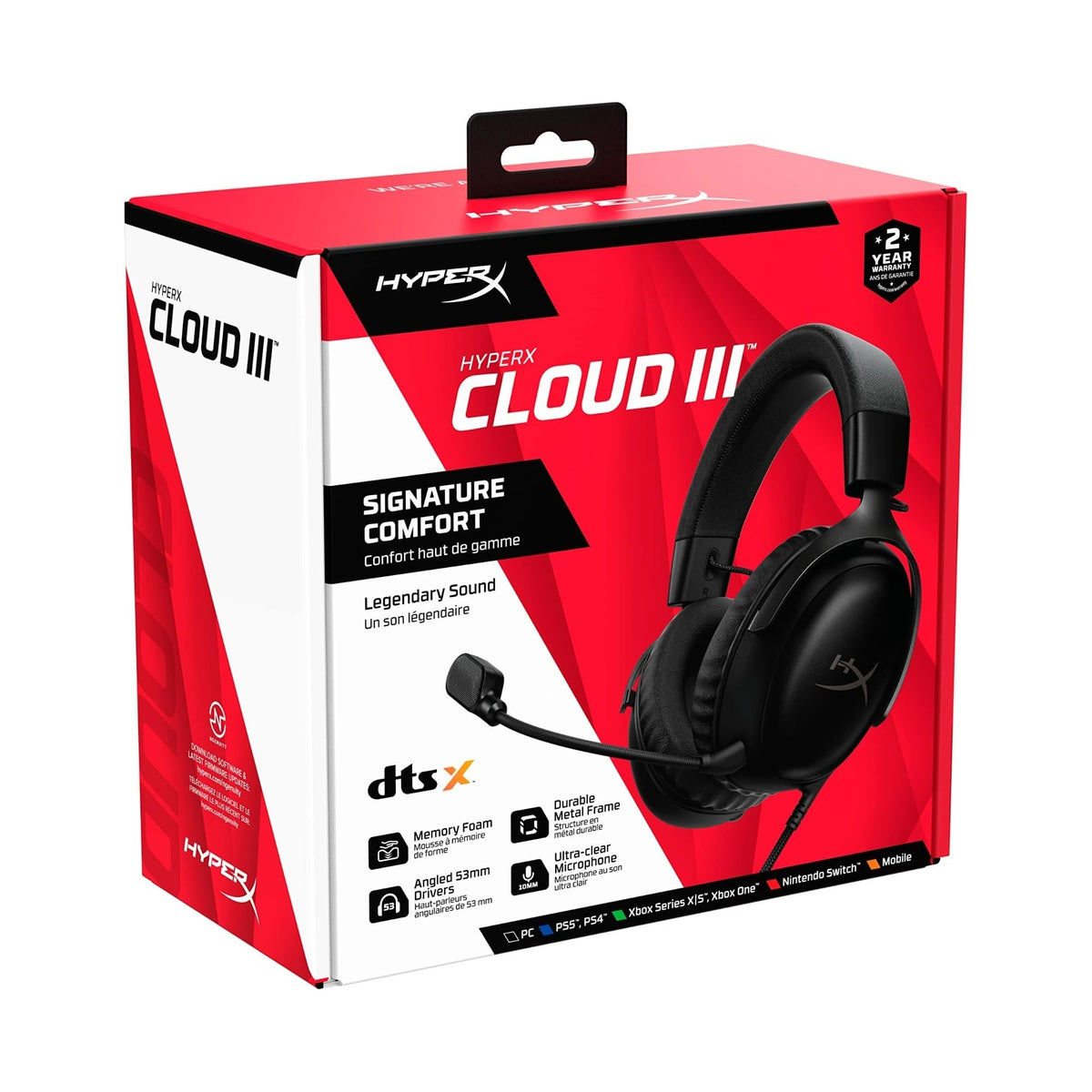 HyperX Cloud III – Wired Gaming Headset, PC, PS5, Xbox Series X|S, Angled 53mm Drivers, DTS, Memory Foam, Durable Frame, Ultra-Clear 10mm Mic, USB-C, USB-A, 3.5mm, Black/Red
