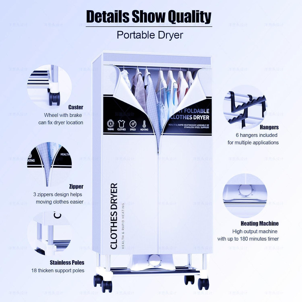 Clothes Dryer, Portable Drying Machine with Timer, 60inch Laundry Drying Wardrobe with Large Capacity, Electric Dryer/Rack for Home | Appartments (Blue IV5)