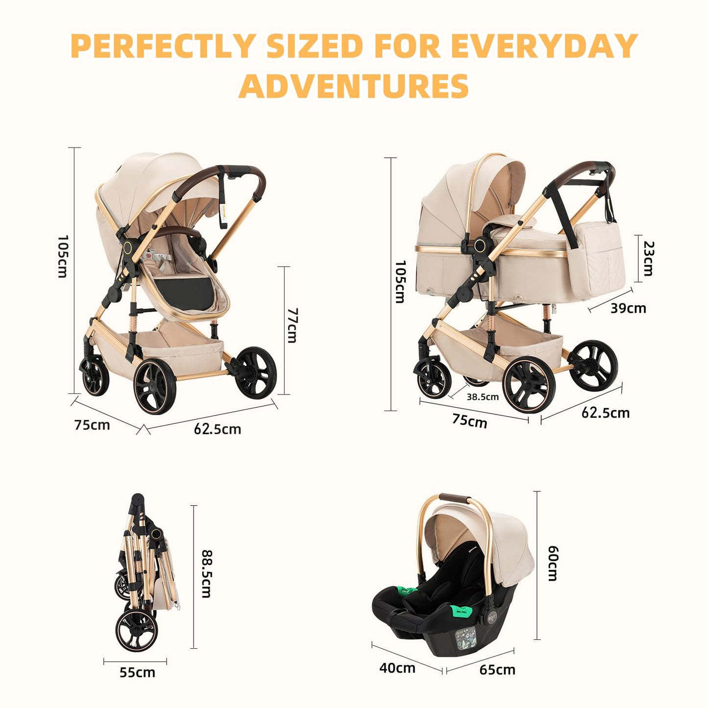 BEBBY Stroller 3-in-1 Baby 3 in 1 with Seat with Foldable Aluminium Frame, Compact Stroller with Adjustable Armrests, Combined Strollers,High Landscape Travel Pushchair (gen-H9-PINK, H9)