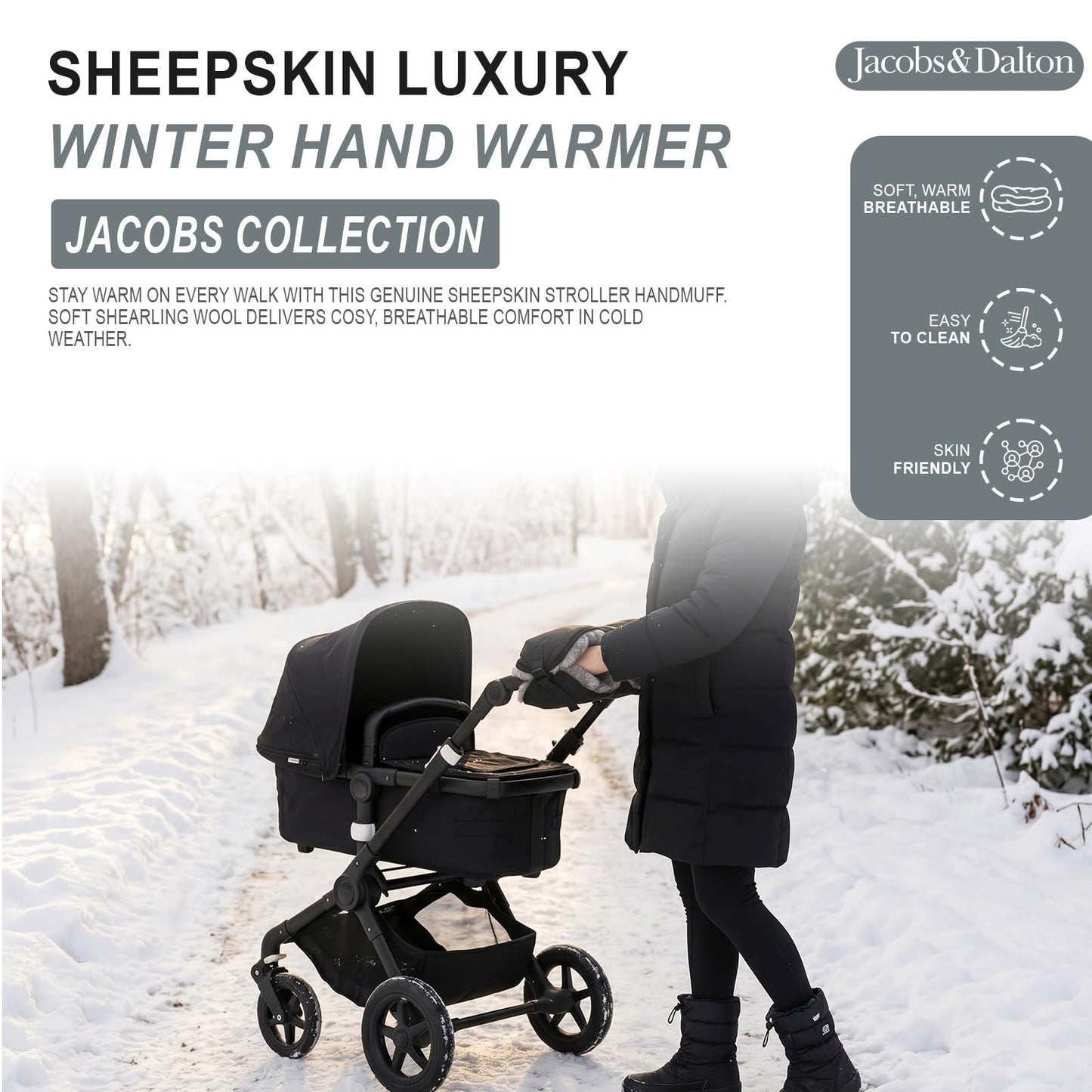 Sheepskin Handmuff for Stroller – Luxury Warm Winter Pram Hand Muff with Velcro Straps – Genuine Shearling Pushchair Handle Cover for Cold Weather Walks, Cosy Outdoor Accessory- 46cm×21cm (Black)
