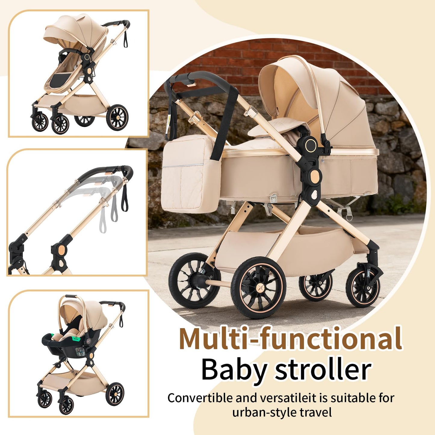 3 in 1 Pram Pushchair Aluminium Frame High Landscape Combined Buggy Lightweight Folding Stroller 3 in 1 Travel System Pram for Newborns Toddlers 0-36 Months from Birth (H9-Pink, H9)