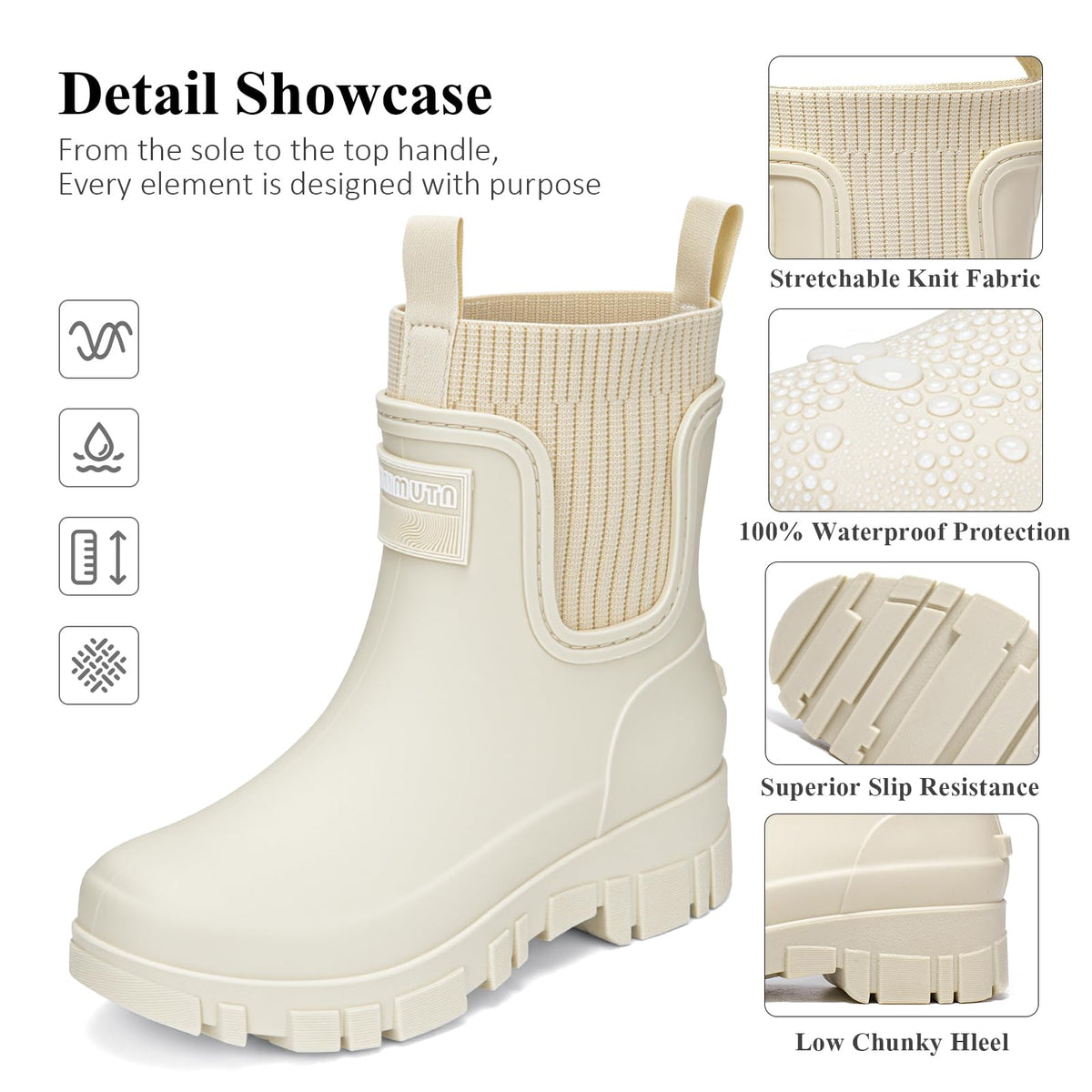 FOGOIN Women Chelsea Rain Boots Mid-Calf Waterproof Lightweight Non-Slip Garden Booties Warm Lined Comfortable Slip On
