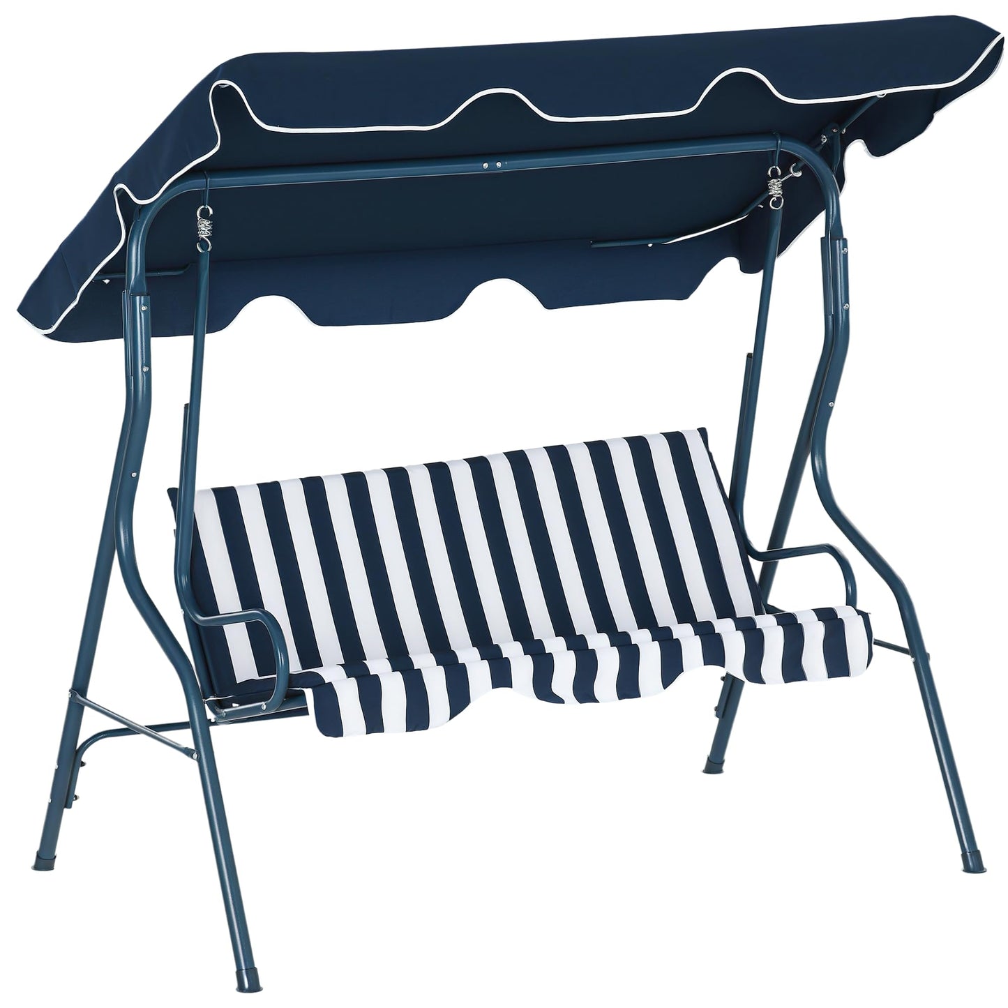 Outsunny 3 Seater Canopy Swing Chair Outdoor Garden Bench with Adjustable Canopy and Metal Frame - Blue Stripes