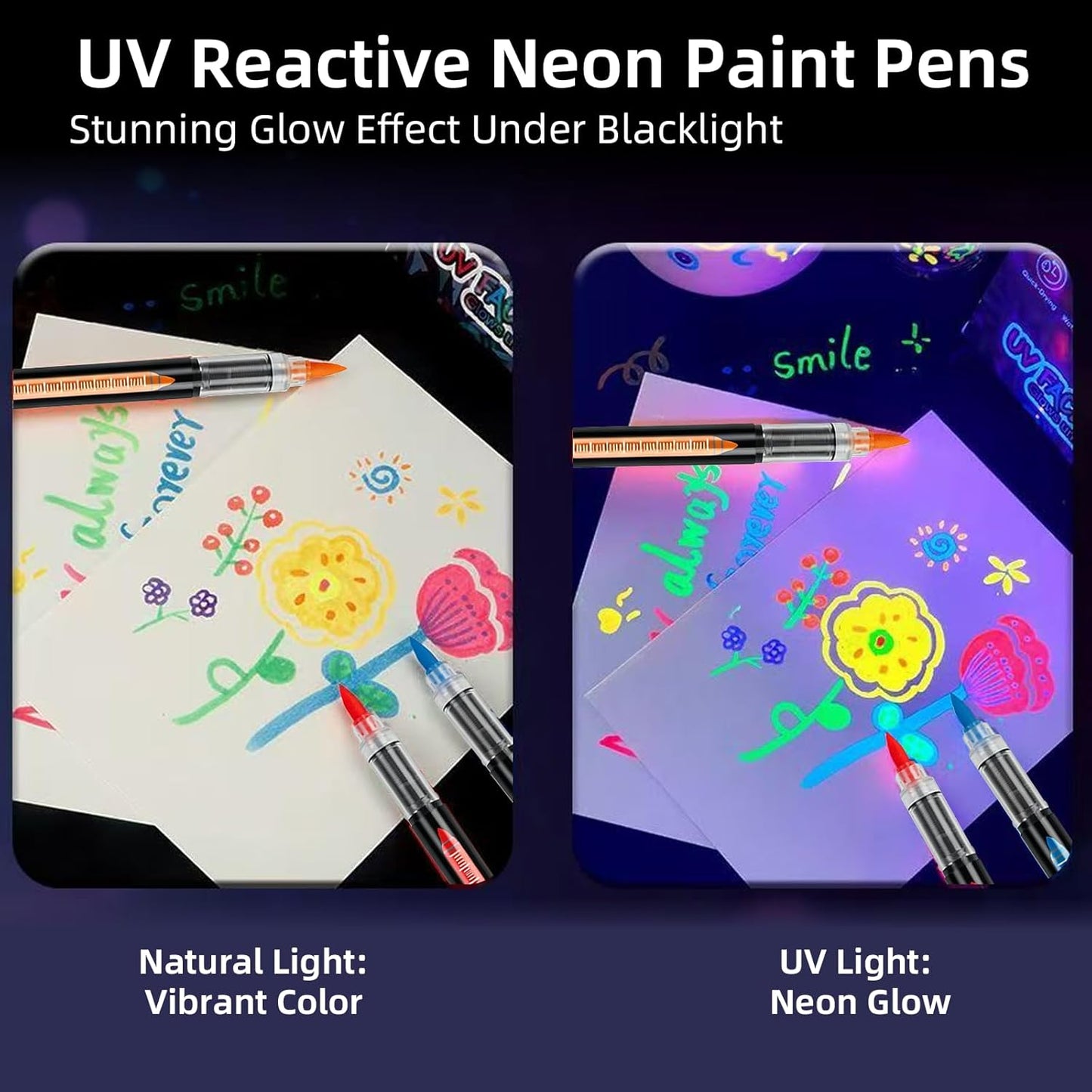 Glow in The Dark Face Paint Markers, 10 UV Neon Colours, Waterproof & Sweatproof, Skin-Safe Body Temporary Tattoo Pens, Washable Tattoo Markers for Halloween, Music Festivals, Raves, Parties