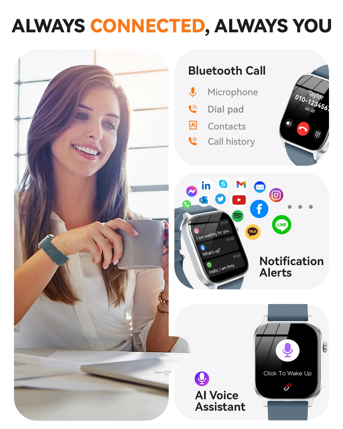Smart Watch for Men Women- Answer/Make Call, 2024 IP68 Waterproof Fitness Tracker Watch with Sleep Step Counter Activity Smartwatch for Samsung Android iPhone iOS (Black-Blue, 1.83)
