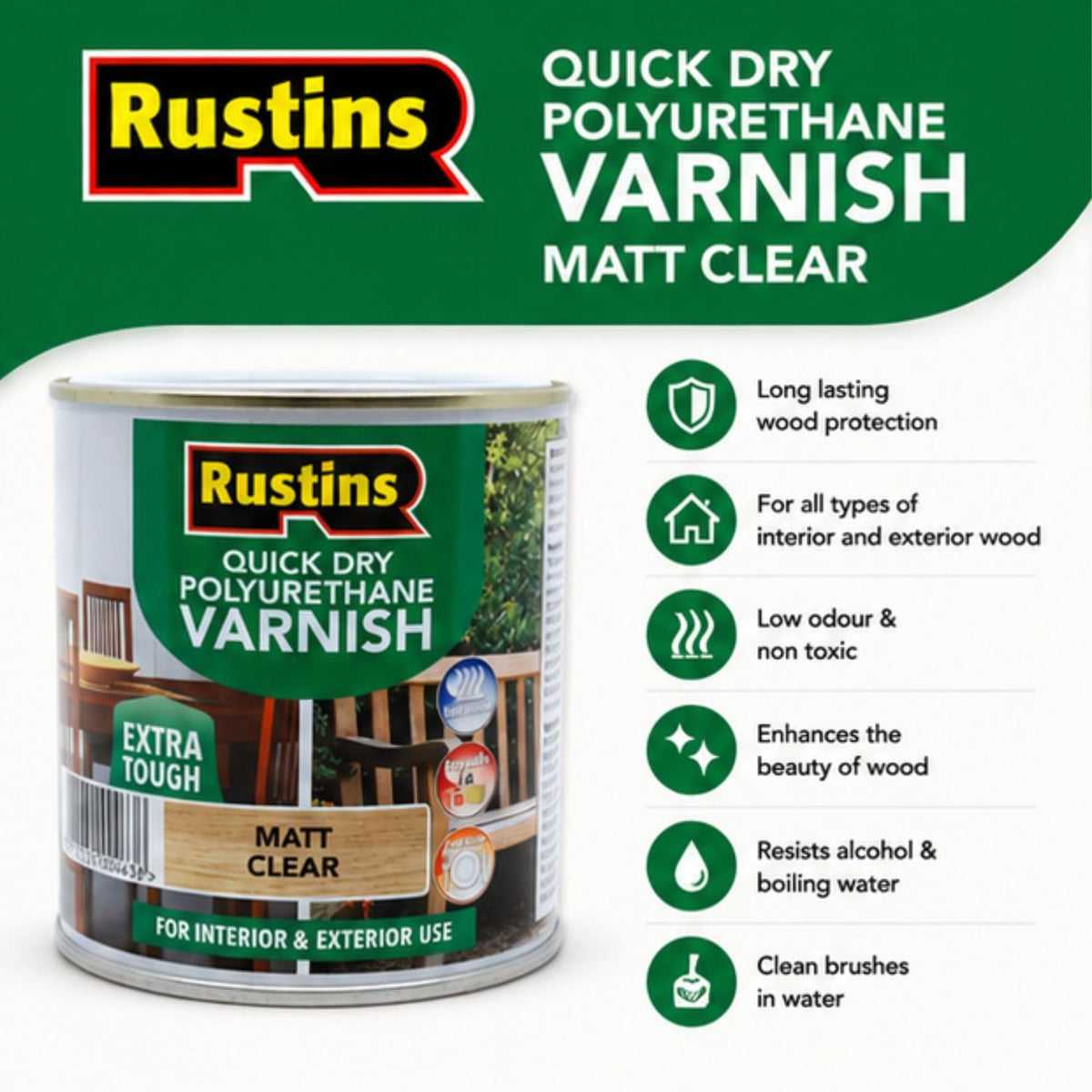 RustinsQuick Dry Poly Varnish Satin Clear 500ml -Tough, Water-Based Clear Finish in Gloss, Matt or Satin; Durable Protection for Interior Wood, Furniture and Floors