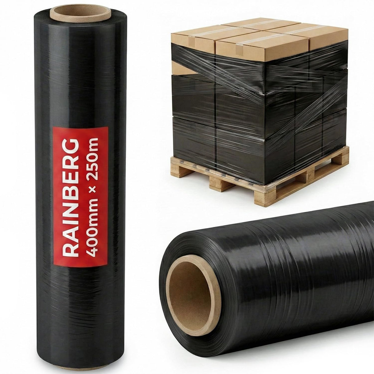 Rainberg Strong Heavy-Duty Stretch Film for Pallet Wrapping, Packaging and Moving for Furniture, Luggage, and Parcels, Water & Moisture Proof Pallet Stretch Shrink Wrap rolls 400mm x 250m (Black, 6)