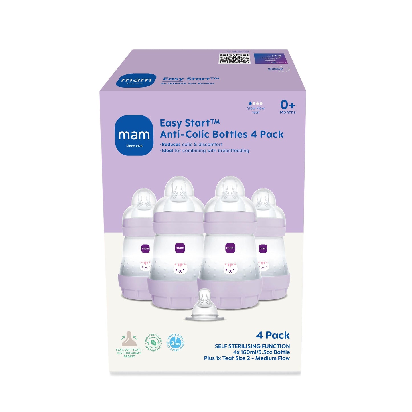 MAM Easy Start Anti-Colic Baby Bottles | 4 Pack (4X 160ml) | Self-Sterilising Baby Milk Bottle | Slow Flow MAM Teats Size 1 + 1x Medium Flow Teat Size 2 | Linen (Various Designs)