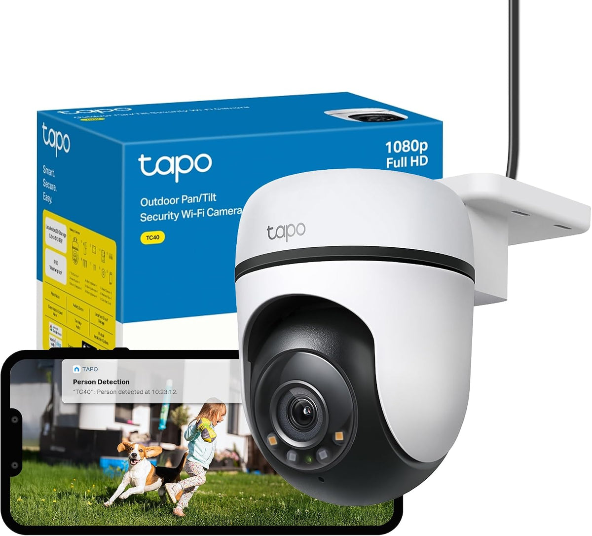 Tapo TC40 Pan/Tilt Smart Security Outdoor Camera, Full HD, 360° Person Detection Motion Tracking, Color Night Vision, WiFi Camera No Monthly Fee, Two-Way Talk, IP65, Works with Alexa and Google