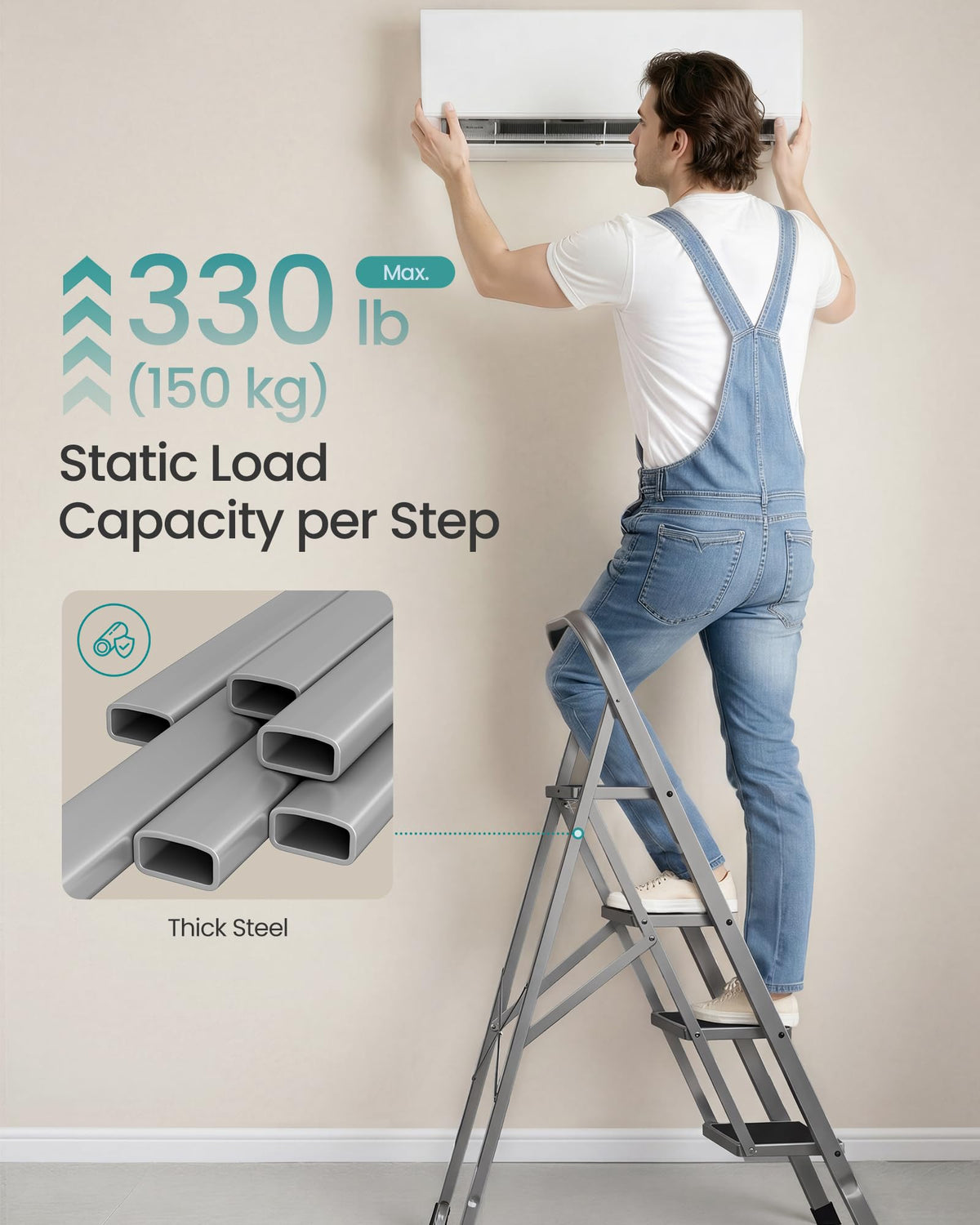 SONGMICS 2-Step Ladder, Folding Step Ladder, Safety, Holds up to 150KG