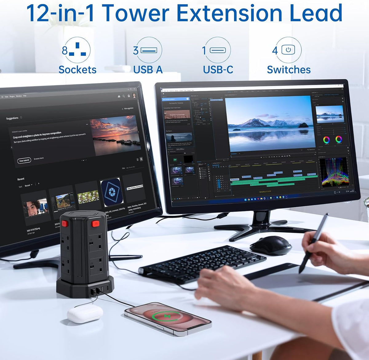 Tower Extension Lead 3M, [13A 3250W] Extension Lead, 8 AC Outlets & 4 USB Ports Multi Plug Socket Power Strip with 3M Extension Cable for Home, Office