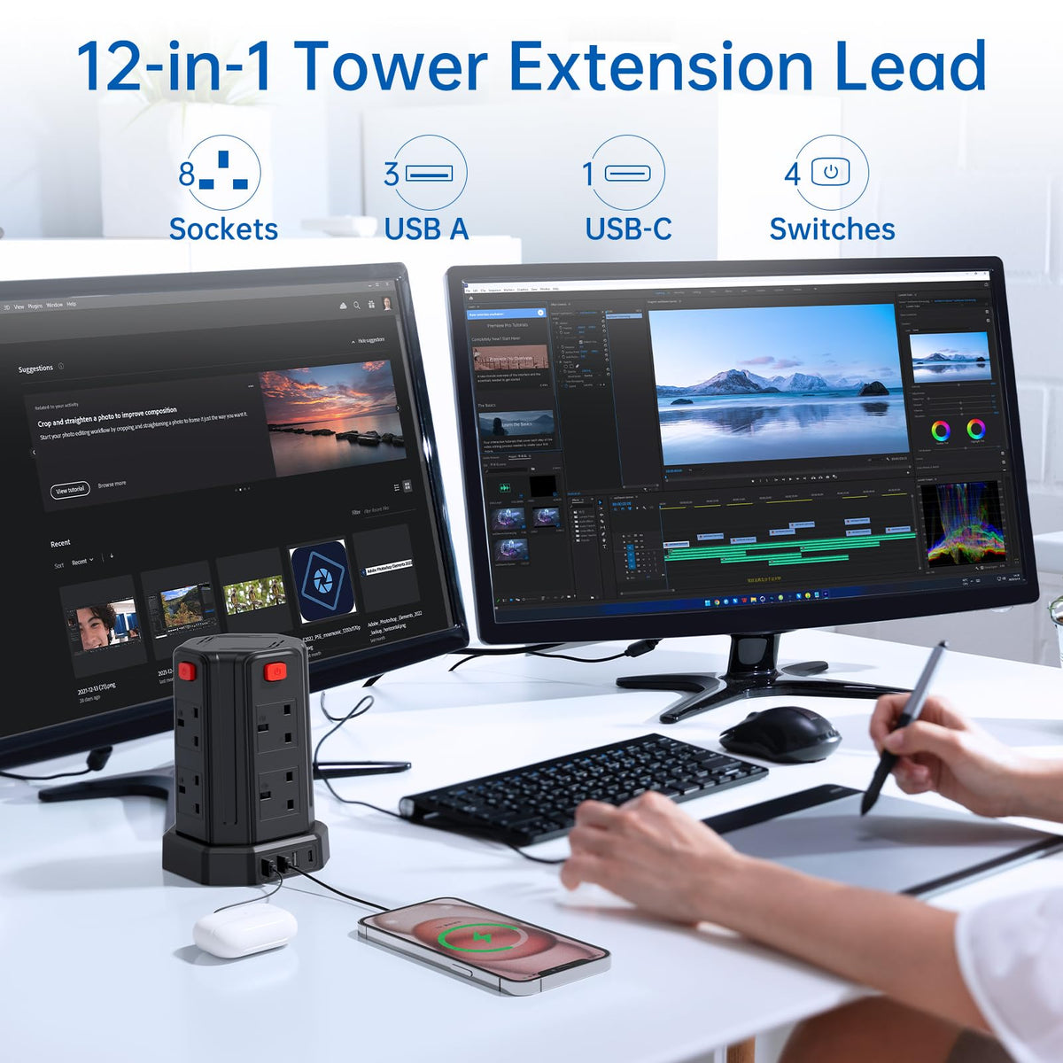 Tower Extension Lead 3M, [13A 3250W] Extension Lead, 8 AC Outlets & 4 USB Ports Multi Plug Socket Power Strip with 3M Extension Cable for Home, Office