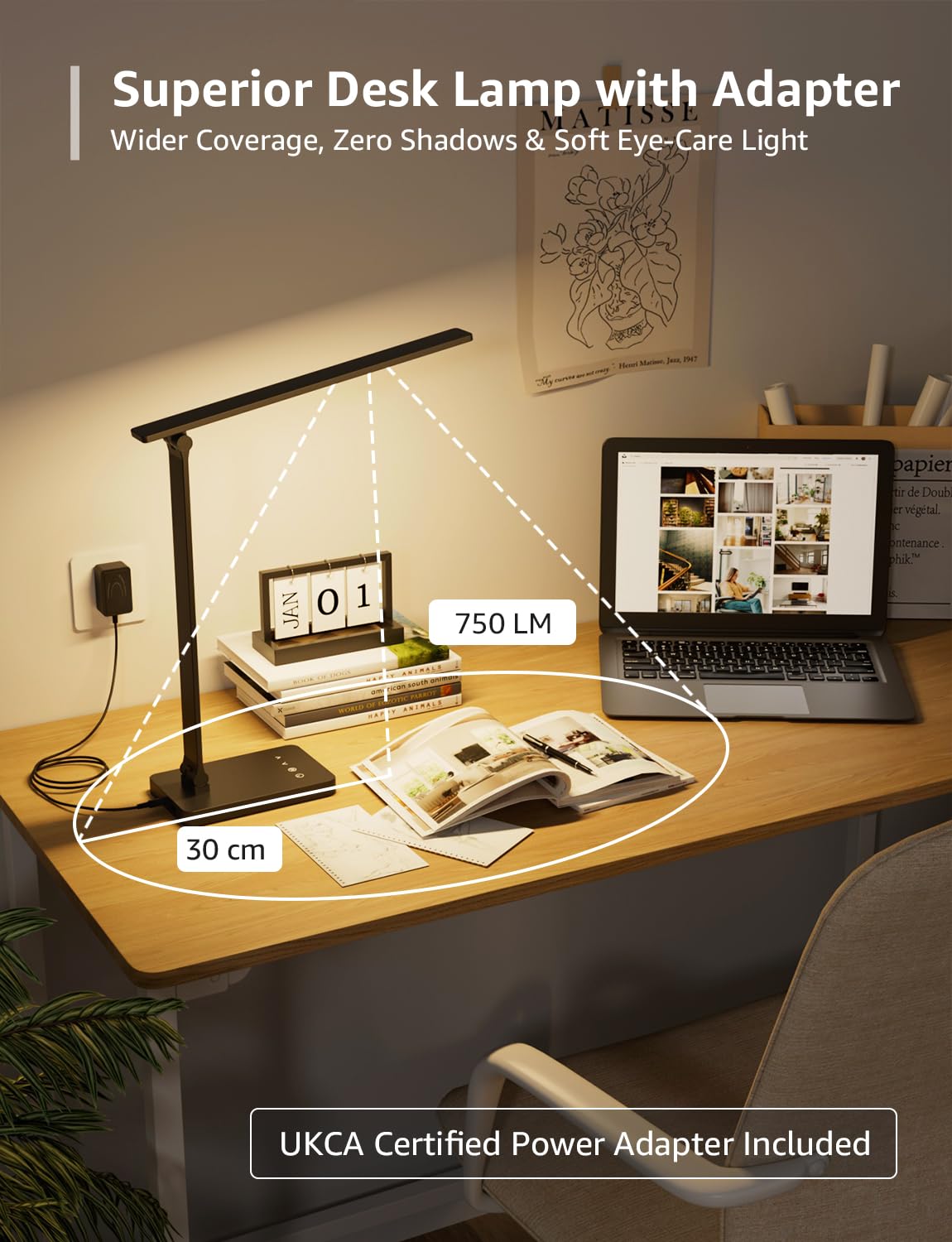 Lepro Desk Lamp, 800lm LED Desk Lamp with Power Adapter, Dimmable, Eye-Care