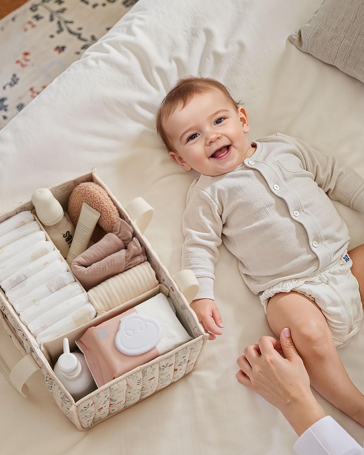 Blissful Diary Nappy Caddy Organiser, Baby Diaper Caddy for Nappy Station, Stylish Storage Basket for Newborn Essentials, Baby Shower Gifts for Girl or Boy, Woodland Cream