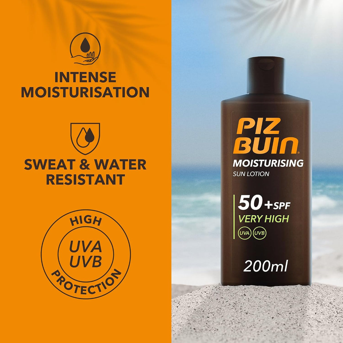 Piz Buin Moisturising Sun Lotion SPF 50+ (200ml), Triple-Resistance Sunscreen with UVA/UVB Filters, Protective and Hydrating Skincare for UV Exposure