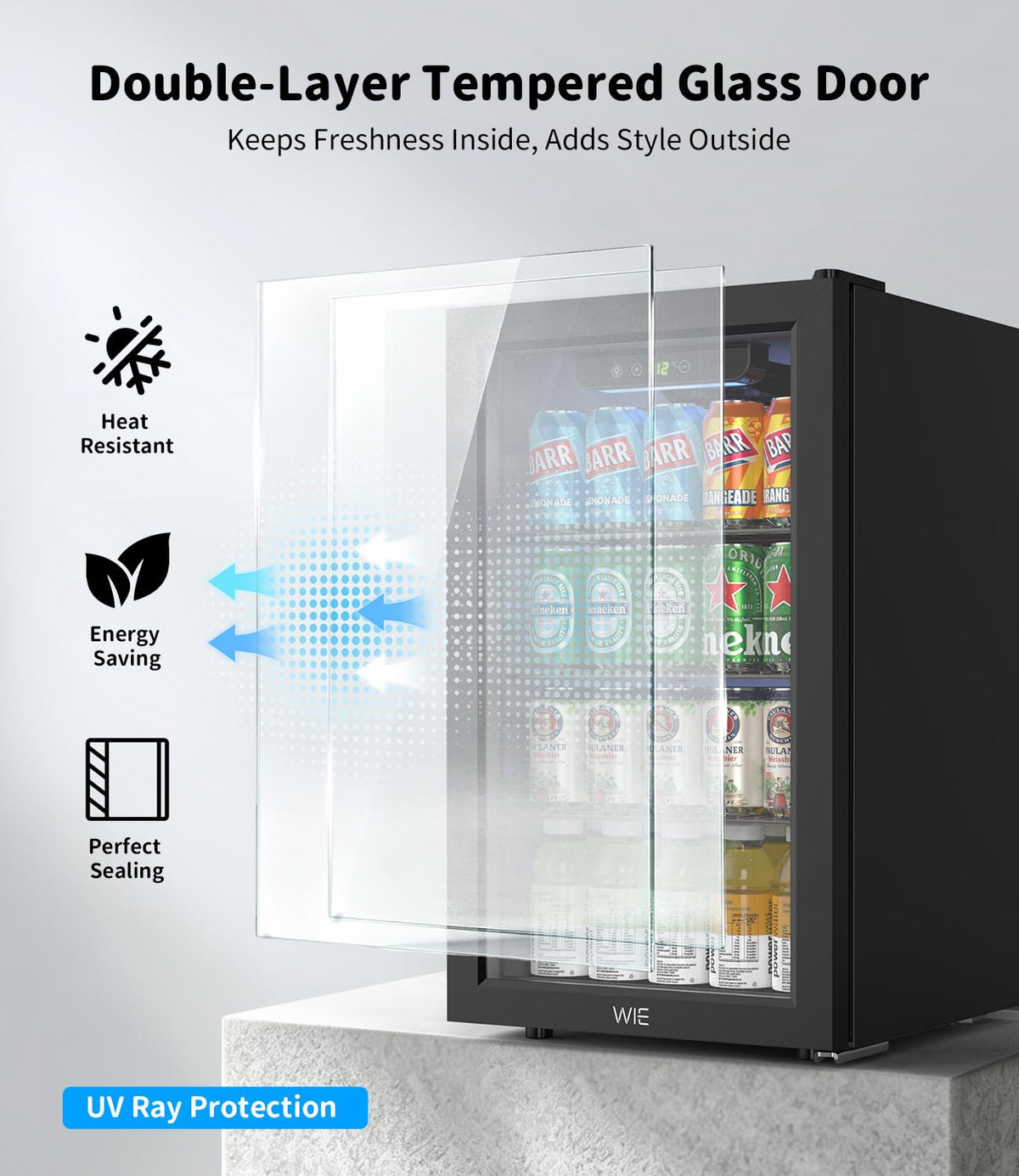 WIE 48L Drinks Fridge with Glass Door, Beer Fridge for 68 Cans or 12 Wine Bottles, Mini Fridge 4-16°C Touch Control, Quiet Beverage Refrigerators with LED Light, Reversible Door for Home, Bar, Office