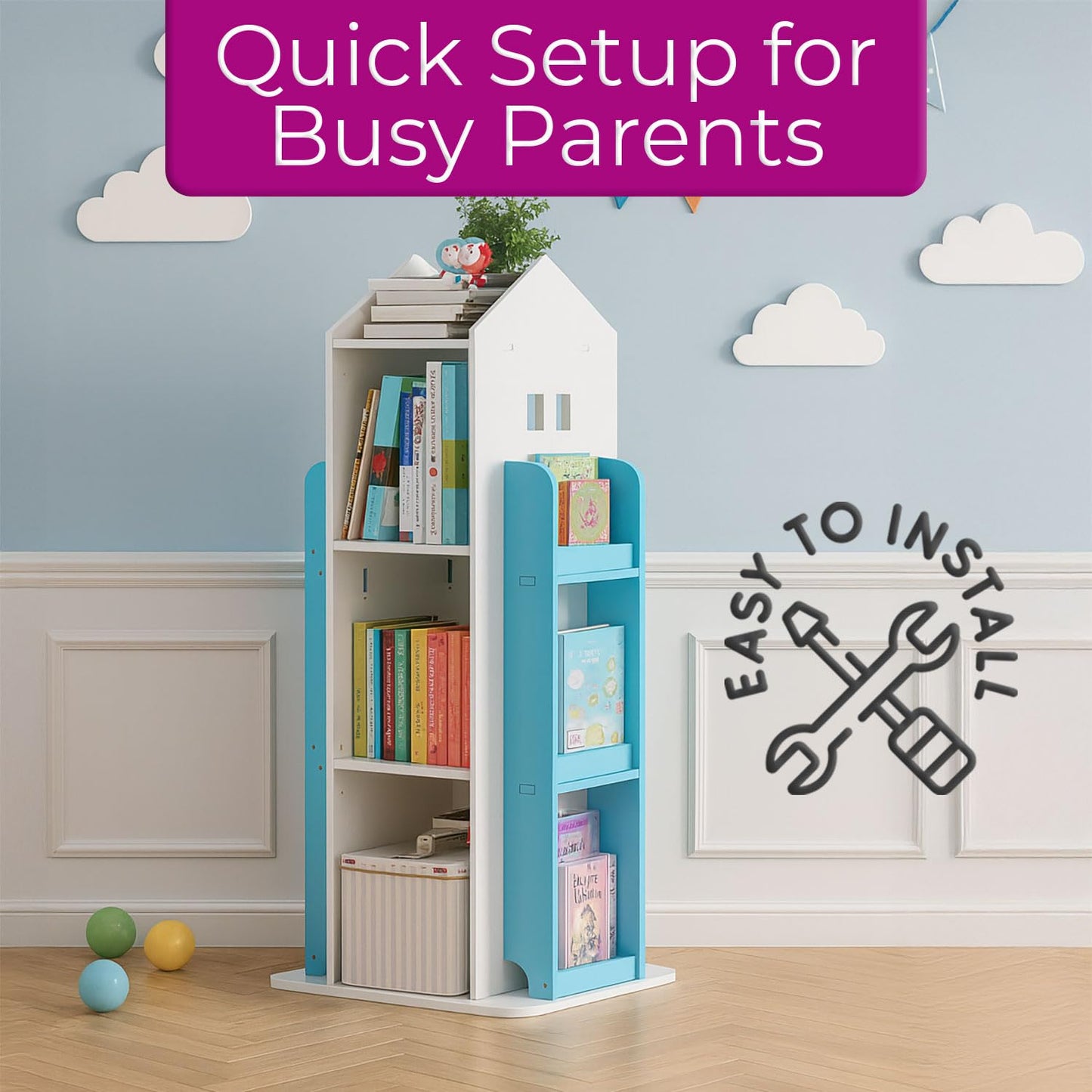 Neo House Shaped 360° Rotating Kids' Children's Freestanding Bookshelf Bookcase 10 Shelf Shelve Space‑Saving Design (White)