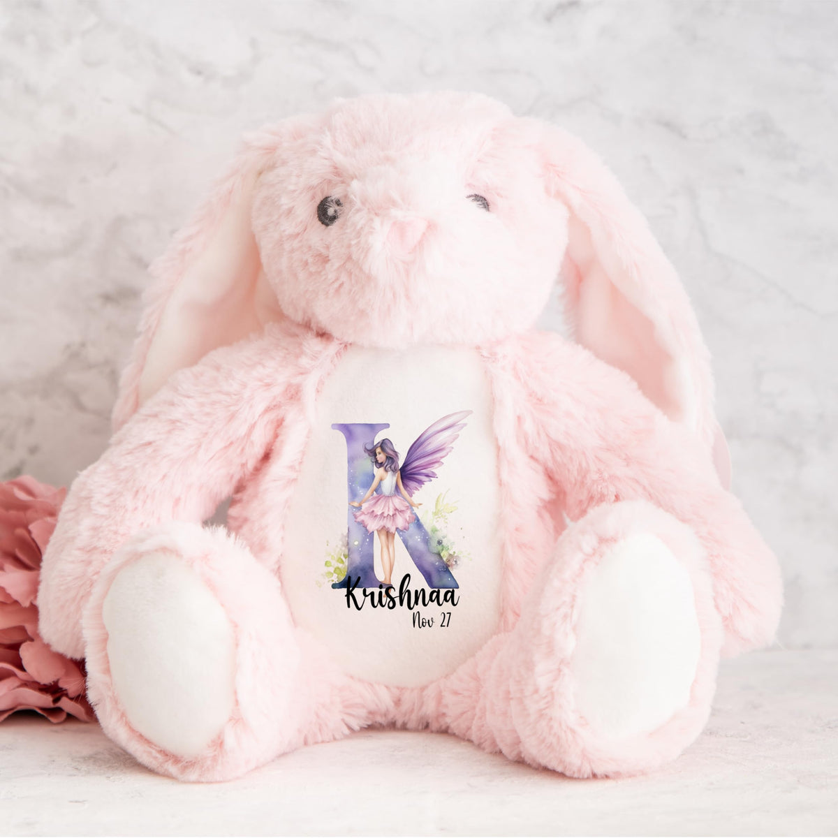 Crafted Memories - Personalised Teddy | Velveteen Bunny Soft Toy | Customisable Name for Newborns | Keepsake for Boys & Girls | Baby Shower Item | Pink Initial | Grey or White, 20-23cm