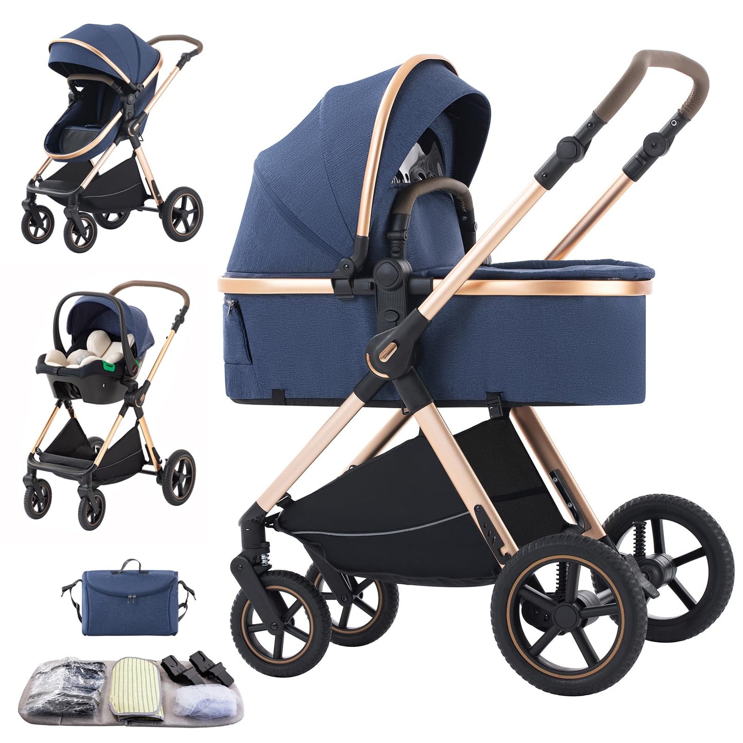 Stroller 3 in 1 Travel System Aluminium Frame High Landscape Combined Strollers Lightweight Folding Pram for Newborns Toddlers 0-36 Months from Birth Aluminium Pushchair (D2/Pink, H2-D)