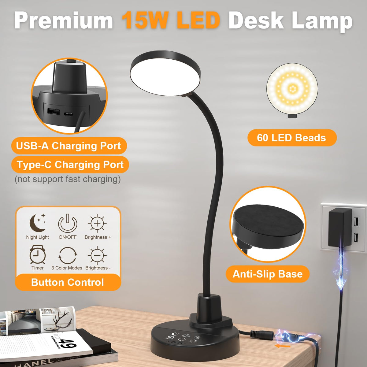 60 LED Desk Lamp with USB Charging Ports – Dimmable Table Lamp with 3 Color Temps, 5 Brightness, 4 Timers, 15W Flexible Gooseneck Light with Base, Eye-Caring Reading Light for Home Office, Bedroom