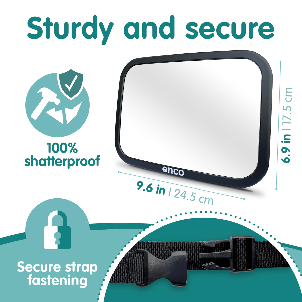 Onco Baby Car Mirror - Award-Winning, Shatterproof & Shakeproof [Black]