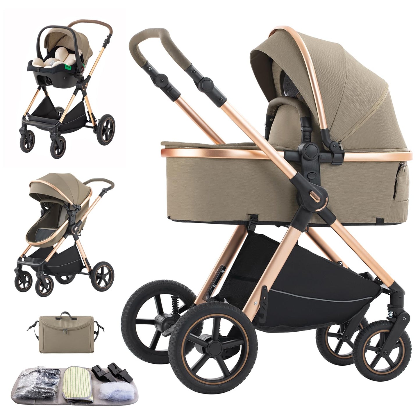 3 in 1 Baby Stroller with Height Adjustable Handle,3 in 1 Prams Travel System, Lightweight Foldable Pushchair, Prams with Aluminum Frame for Portable Baby Carriage (D2 Pink, H2-D)