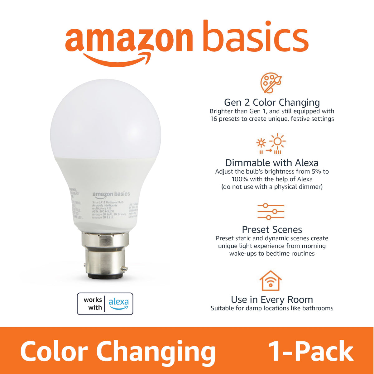 Amazon Basics Smart Dimmable LED Light Bulb, B22 Base, Soft White, 8W (60W Equivalent), Works with Alexa Only, 1 Pack