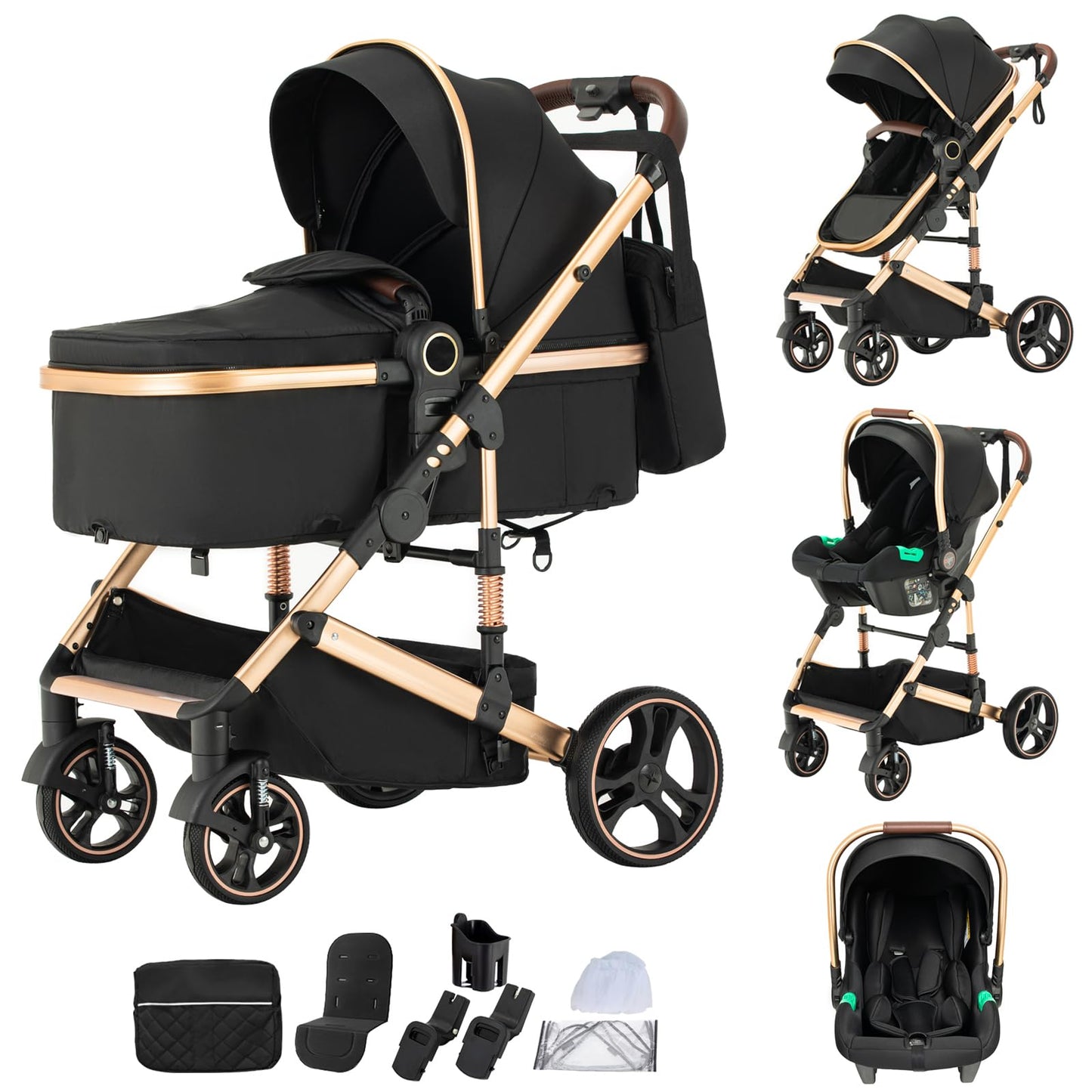 Stroller 3 in 1 Travel System Aluminium Frame High Landscape Combined Strollers Lightweight Folding Pram for Newborns Toddlers 0-36 Months from Birth Aluminium Pushchair (D2/Pink, H2-D)