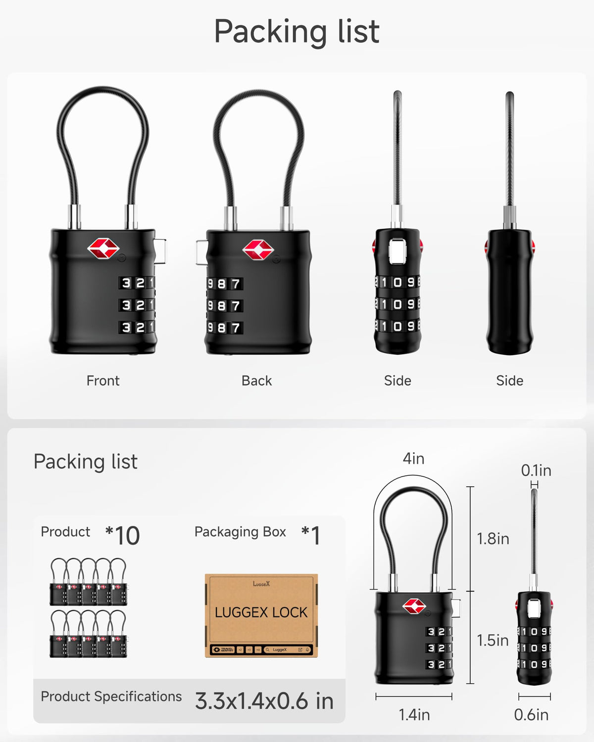 LUGGEX Suitcase Locks, Luggage Locks, TSA Approved Luggage Locks,Black,2