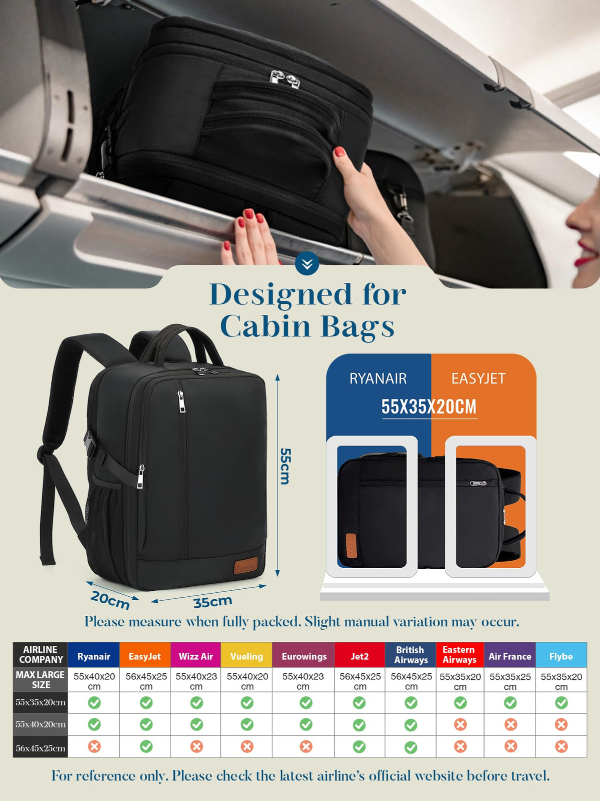 For Ryanair Cabin Bags 40x30x20 Underseat Travel Carry-on School Backpack