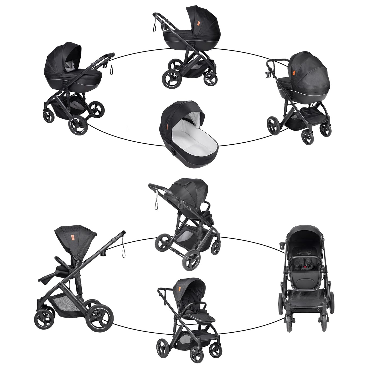 PU Leather 3 in 1 Pushchair Travel System, Toddler Stroller, Baby Pram 3 in 1, Infant Carriage with One-Click Folding, Newborn Buggy with Aluminum Frame (V6 Black)