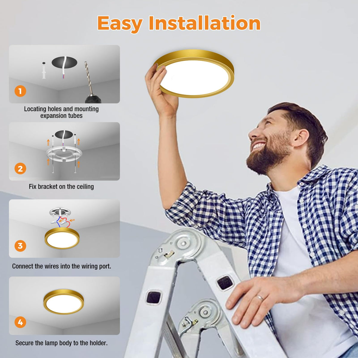 slochi Bathroom Light, 3000K/4000K/6500K 3 Color Temperature, Waterproof, Round, Modern, Flush Ceiling Light for Bathroom, Kitchen, Bedroom, Hallway and MoreØ18CM(Gold)