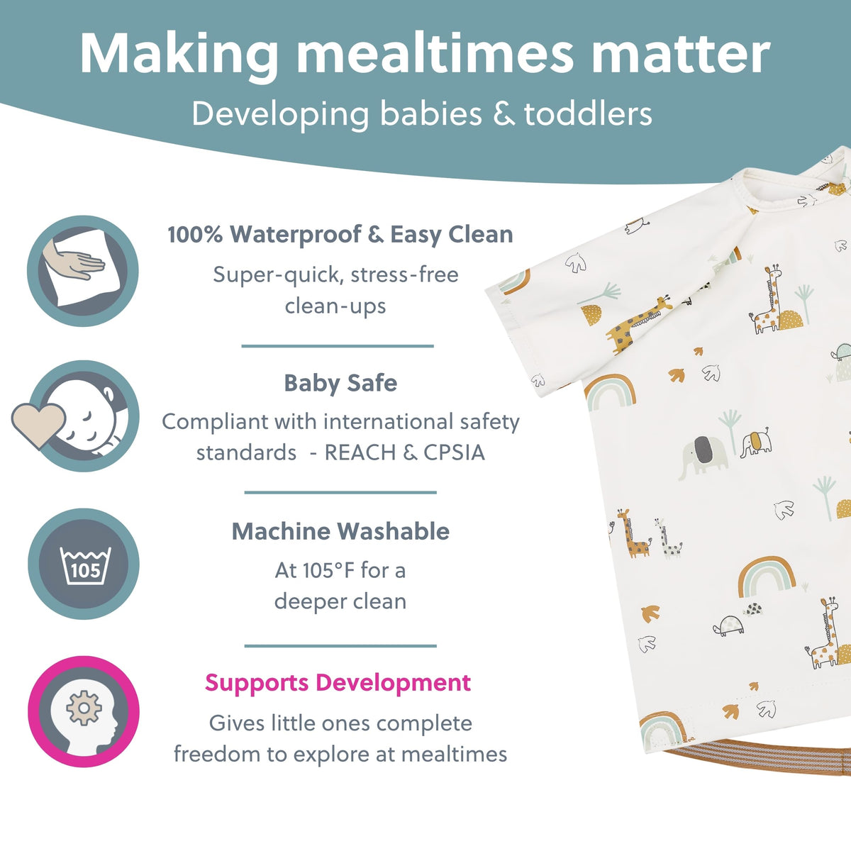 BIBaDO Long Sleeve Baby Bibs - Coverall Weaning Bib with Highchair Strap