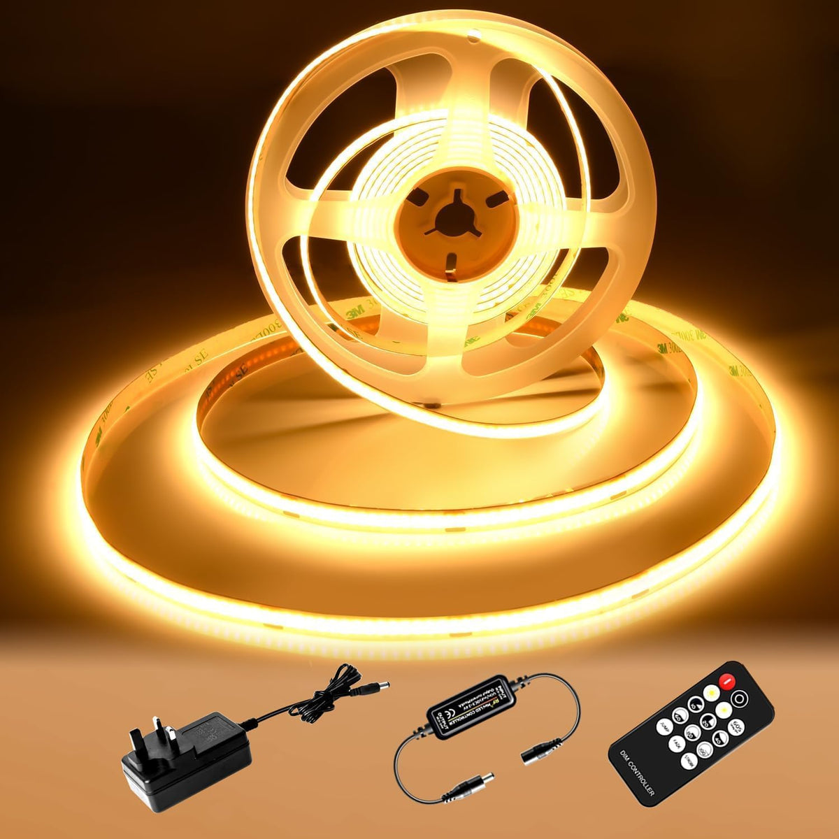 COB LED Strip 7.5m Warm White, 3000K, 24V, Remote Control, 8mm Wide