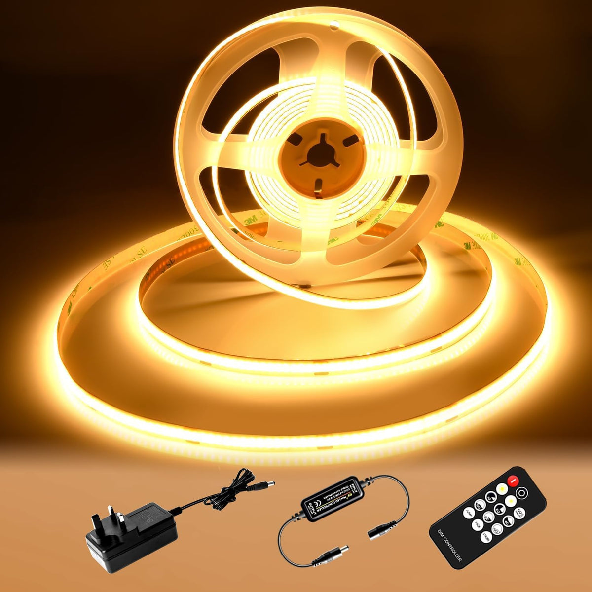 COB LED Strip 7.5m Warm White, 3000K, 24V, Remote Control, 8mm Wide