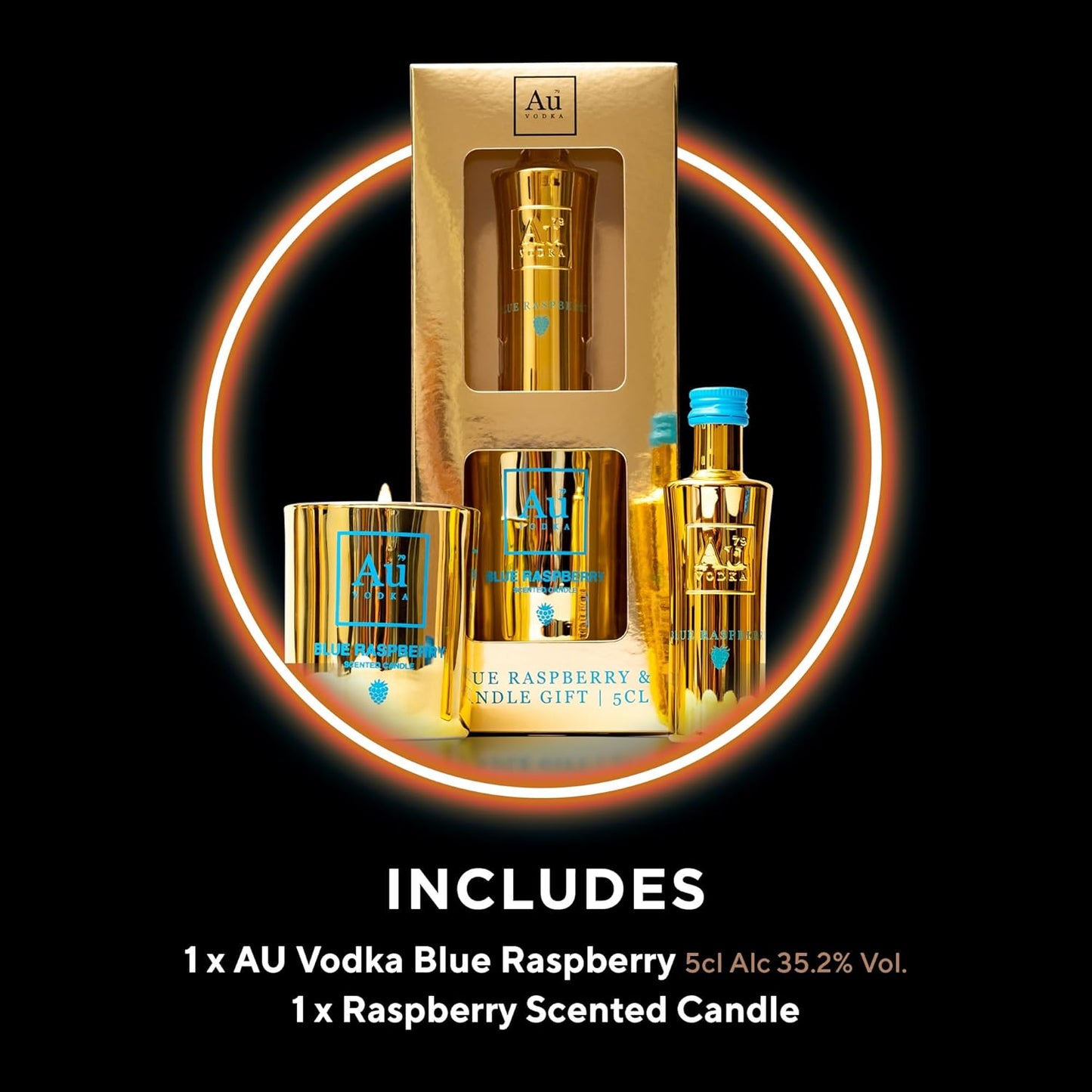 Au Vodka Gift Set - Blue Raspberry Flavoured Vodka 5cl Miniature & Candle - Official Licensed - Birthday Gifts for Men and Women - Handcrafted In The UK, Alcohol Gift Set, Fathers Day