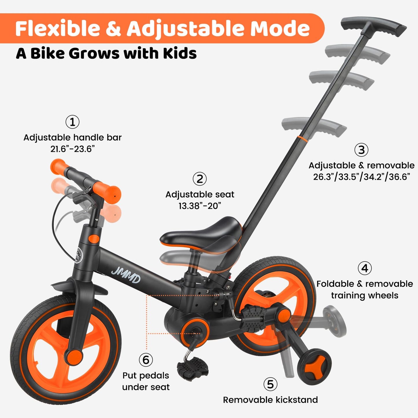 JMMD 6-in-1 Convertible Toddler Balance Bike to Pedal Bike — Ages 18 Months to 5 Years