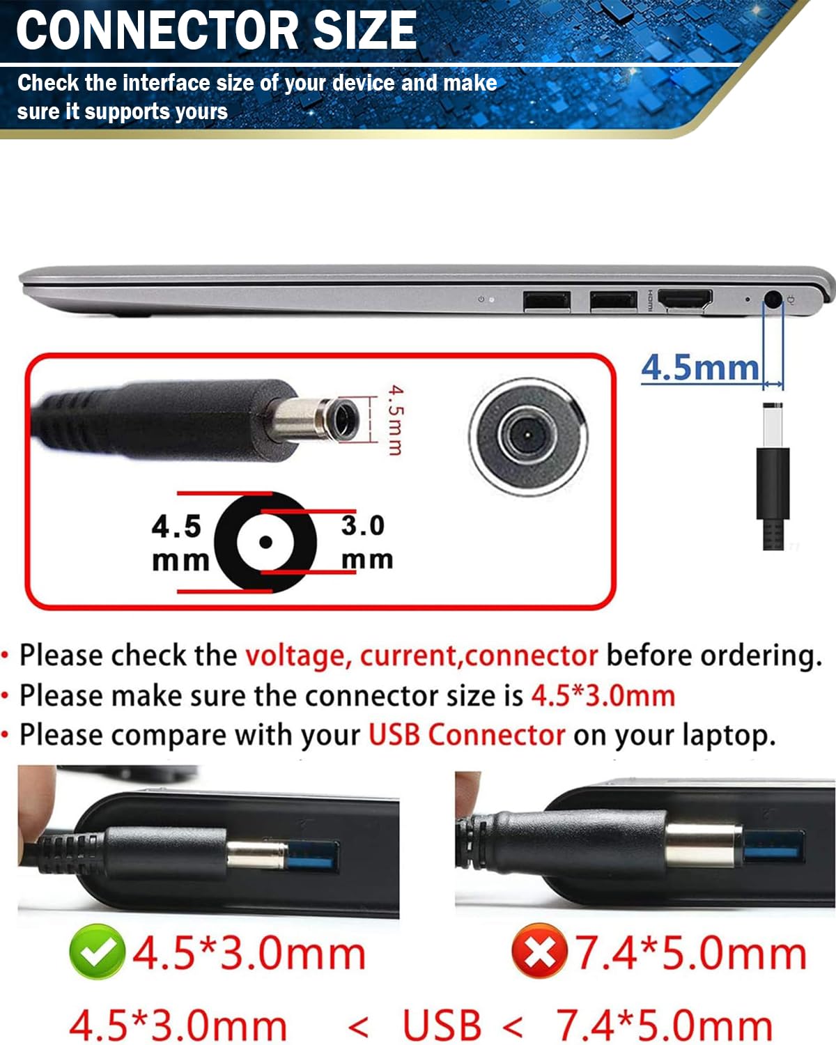 65W 45W Laptop Charger Compatible with Dell inspiron 11 13 14 15 17 3000 5000 7000 Series laptops Round Connects Chargers（ 4.5mm*3.0mm and 7.4 * 5.0mm）