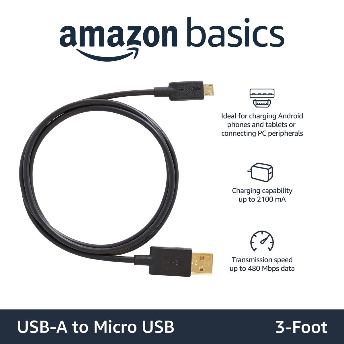 Amazon Basics 5-Pack USB-A to Micro USB Charging Cable, 480Mbps Transfer Speed with Gold-Plated Plugs, USB 2.0, 3 m, Black