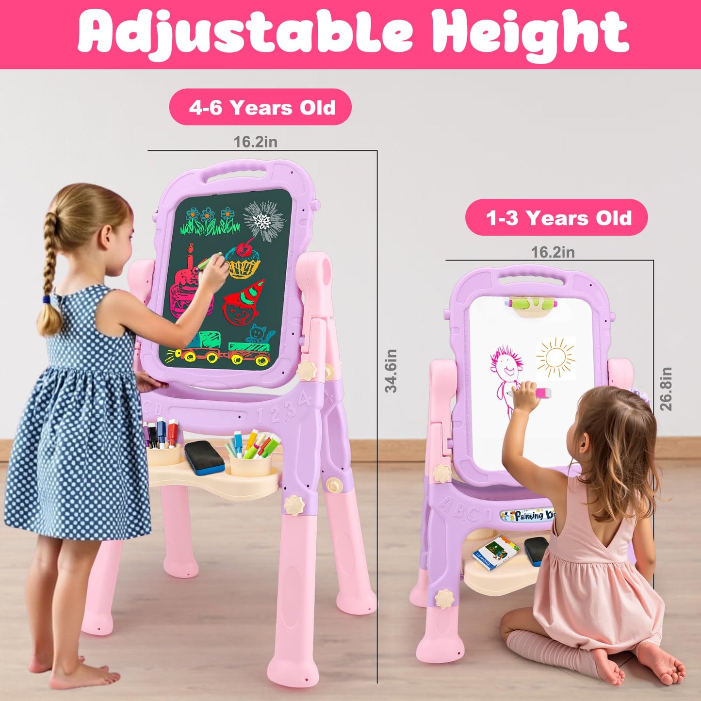 4 in 1 Kids Easel with Magnetic Whiteboard Chalkboard, Toddler Art Easel for Kids with Height Adjustable & 360°Rotatable Drawing Writing Painting Accessories, Gifts for 2 3 4 5 6 7 Year Old Boys Girls